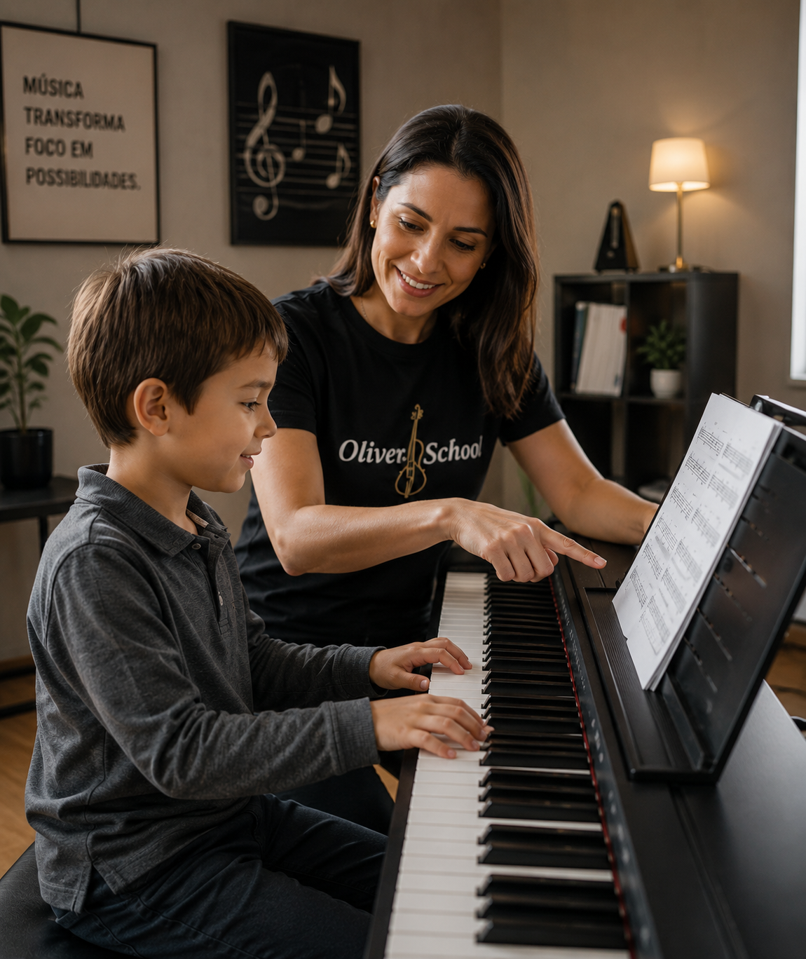 Professora acompanhando criança ao piano